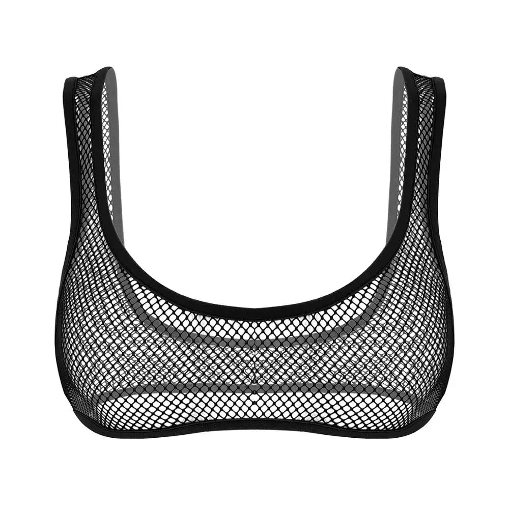 Women Fishnet Cropped Tank Top Lingerie See Through Fishnet Hollow Out Wide Shoulder Straps Deep U-neckline Vest Crop Bra Top