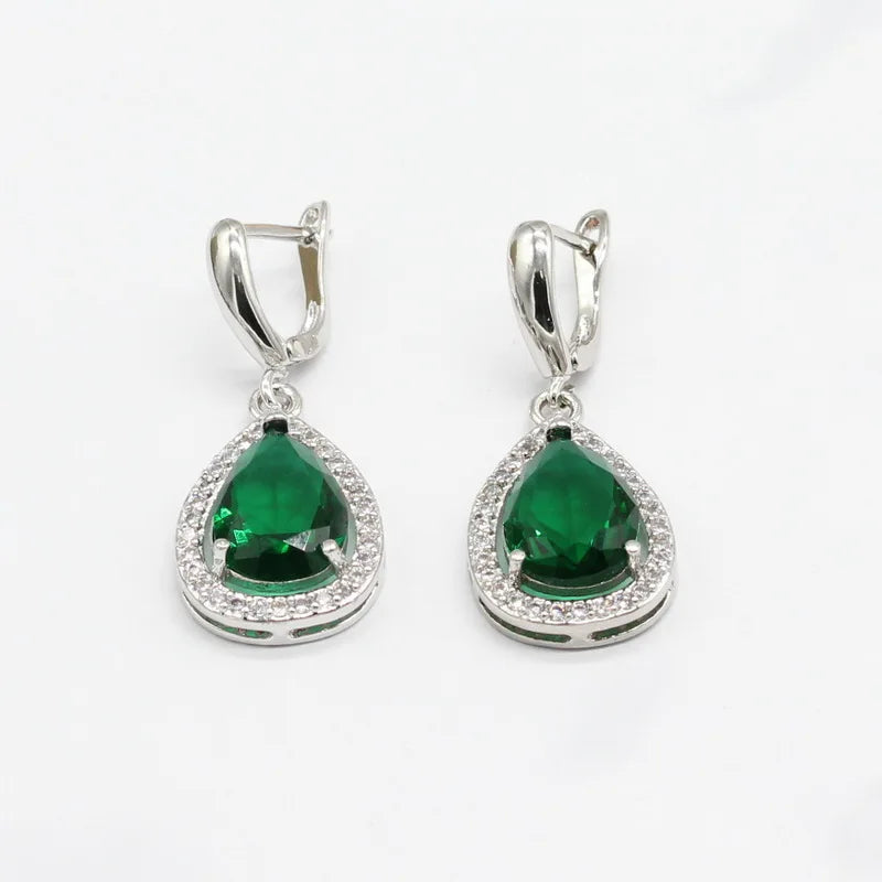 Water Drop Jewelry Sets For Women Green Zirconia Bracelet Earrings Necklace Pendant Rings Gift Box