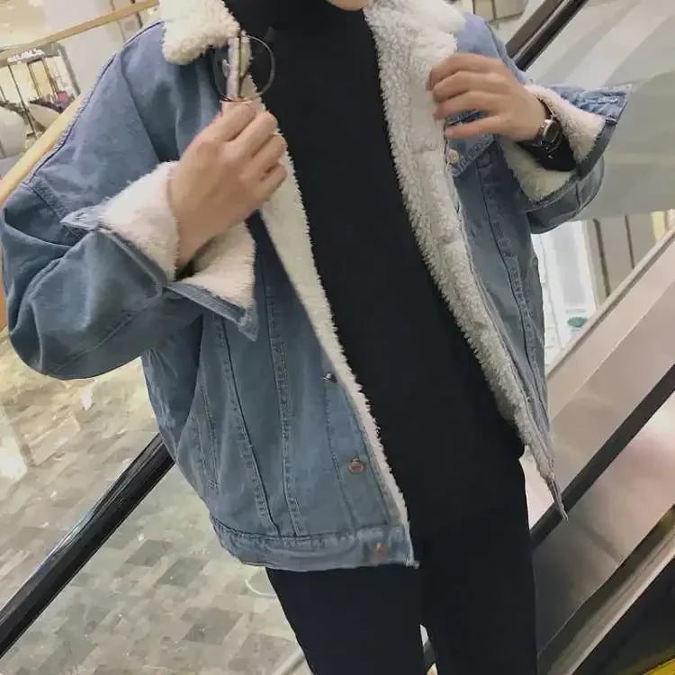 Denim Jackets Man Padding Jeans Coat for Men Slim Fit Warm with Sheep Padded Wool Black Cowboy High Quality Trendy Original G