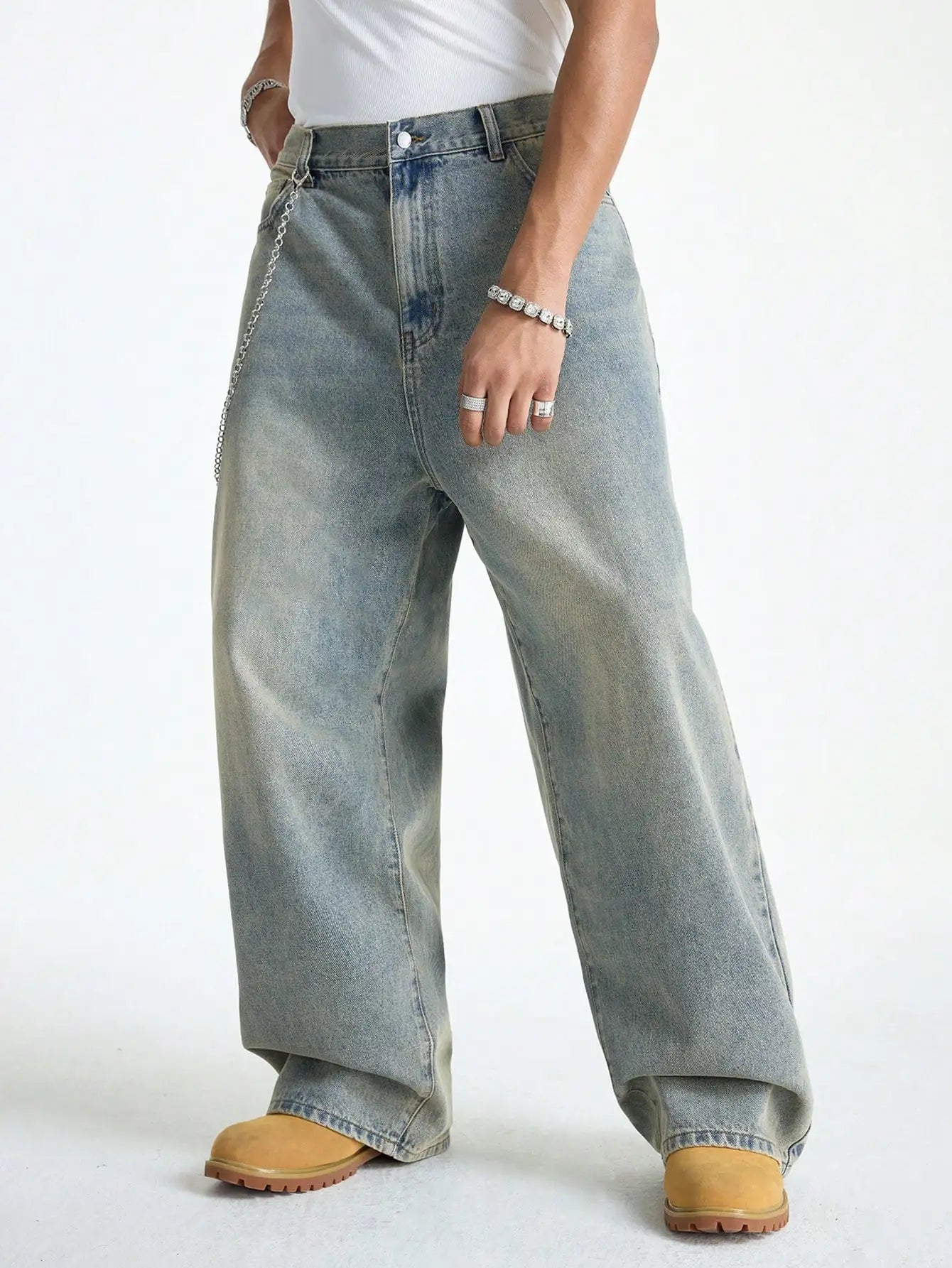 Manfinity EMRG Men's Light Blue Washed Retro Loose Wide Leg Jeans