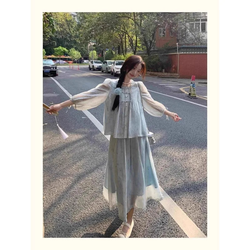 Women's 2 Piece Set Sheer Blouse and Long Skirt Fairycore Chiffon Co-ords
