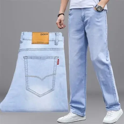 Men's Jeans Elastic Man Cowboy Pants Stretch Trousers Straight Light Blue Comfortable Xs 2025 Fashion Washed Y2k Streetwear