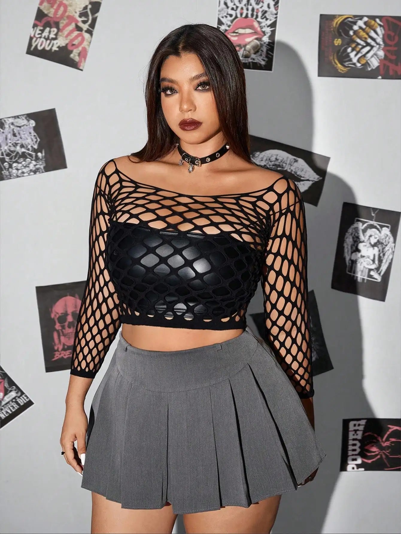 Women's Sexy Tops Mesh Long Sleeve Sheer Hollow Out Fishnet Bodystocking Plus-size Tops