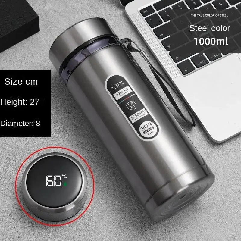 800ML-1L Stainless Steel Thermos Bottle 304 Tea Bottle Car Vacuum Bottle with LED Temperature Display Portable Drinking Cup