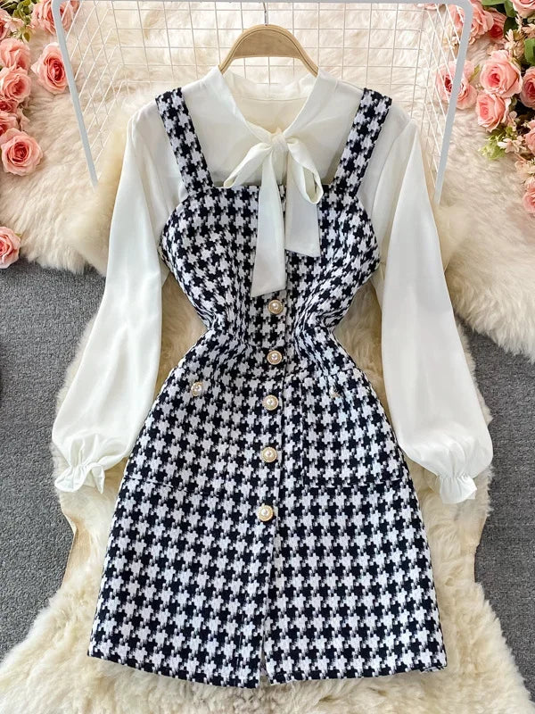 Women Two Piece Set 2025 Korean Fashion Bowtied Collar White Blouse and Spaghetti Strap Single Breasted Mini Tweed Dress Suits