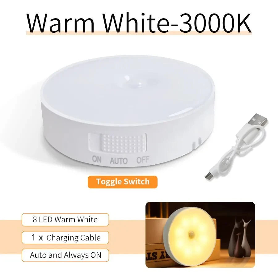Motion Sensor LED Night Light, Wireless Magnetic Round Lamp for Kitchen Cabinet, Bedroom & Home Atmosphere Decor