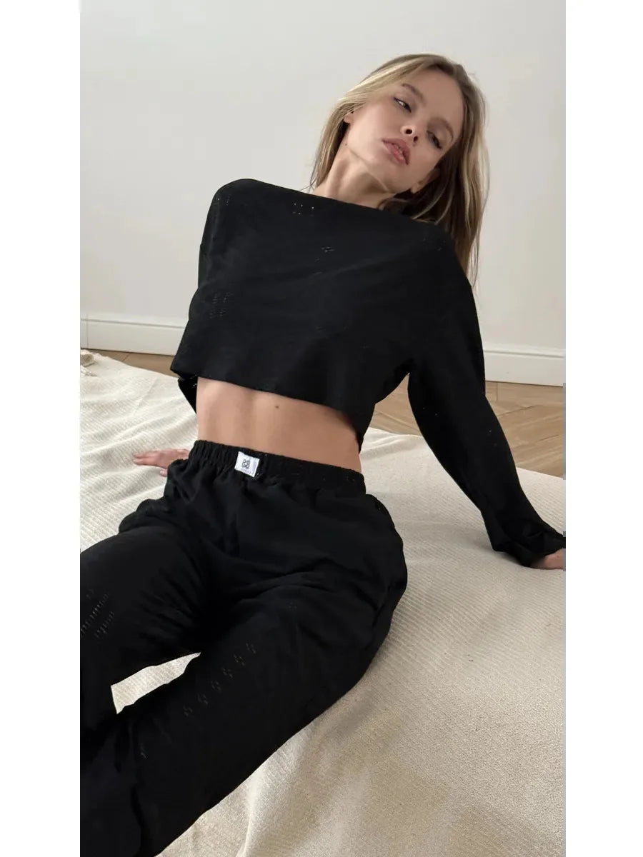 2025 Women's American Casual Wear Set - Fashionable, Simple, Loose-Fitting, Long-Sleeved, Long-Pants, Nightwear, Homewear Set