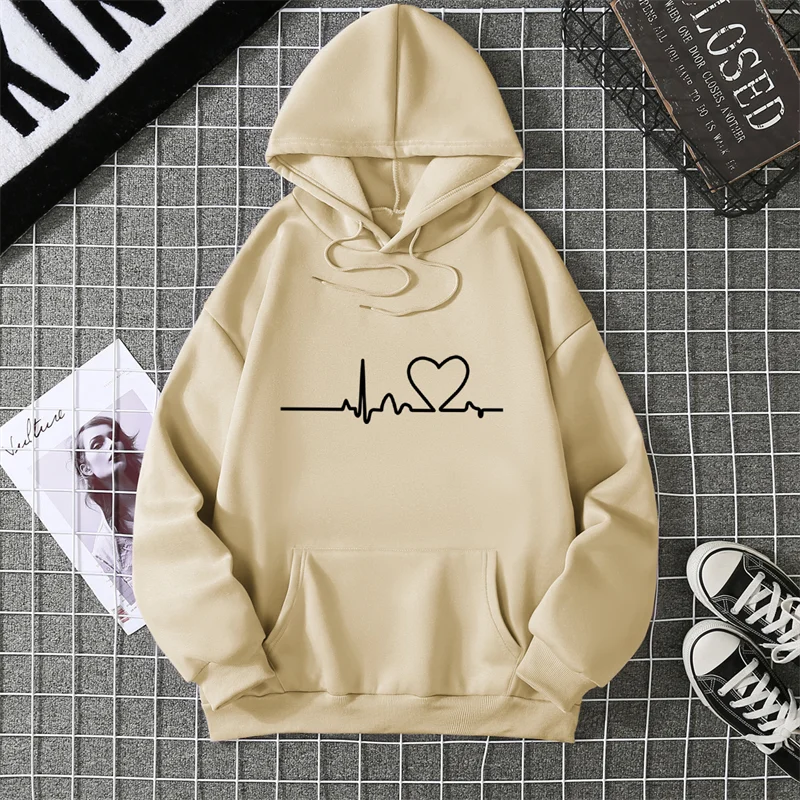 Women Hoodies Autumn Winter Heartbeat Print Men Simple Casual Hoodie Couple Sweatshirts Ladies Hooded Tops Streetwear Clothes
