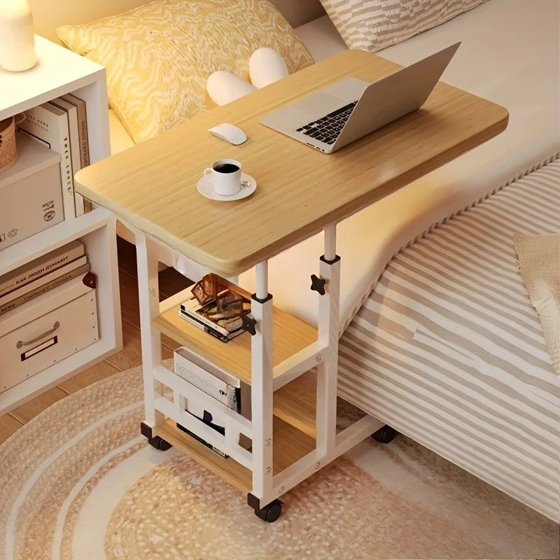 Mobile Laptop Desk w/ 4 Wheels, Dual Shelves. Height Adjustable, Space-Saving for Dorm Office Bedside. Sturdy Modern Design.
