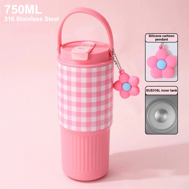 Cute Tumbler 750ML Water Bottle 316 Stainless Steel Vacuum Thermos Bottle Insulated Portable Thermos Cup Gift For Woman Girl