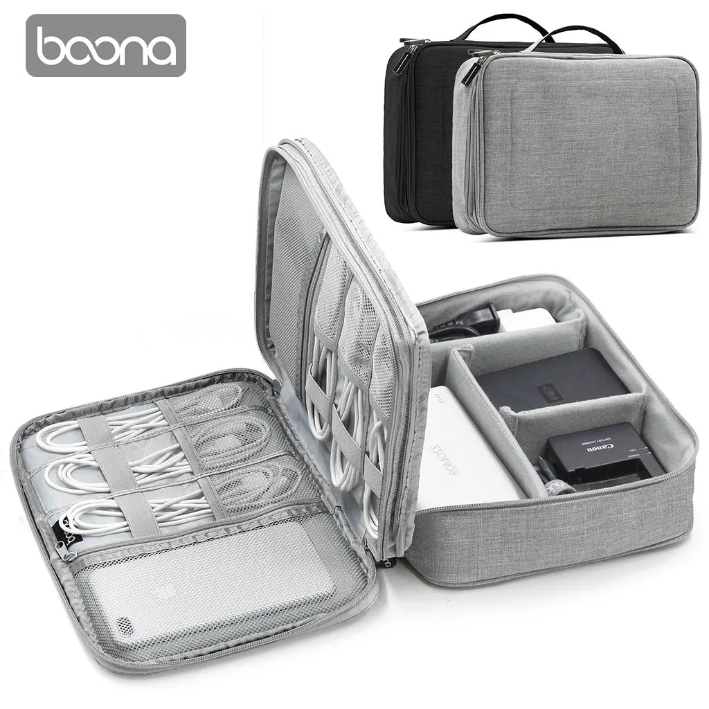 BOONA Travel Accessories Bag Portable Electronic Accessories case,Dual Cable Organizer Bag Carrying Bag for Cords,USB Flash L&XL