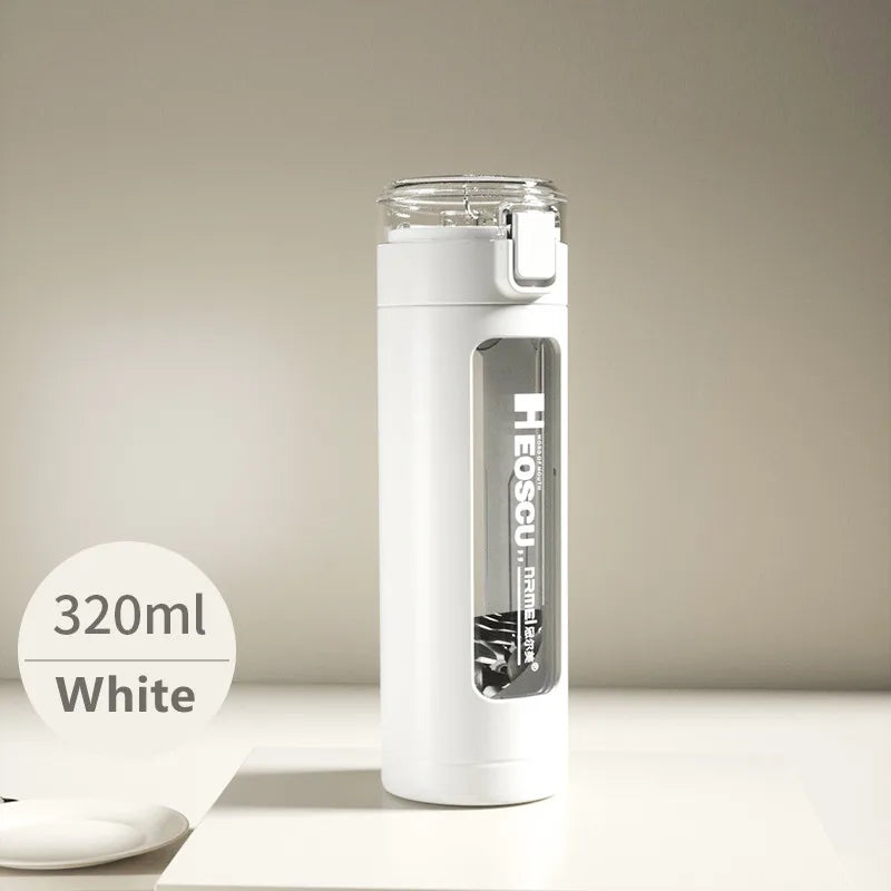 Double Portable Glass Water Bottle with Plastic Enclosure, Kawaii Cup, Tumbler with Straw, Gifts for Girls, Milk, Coffee, Juice