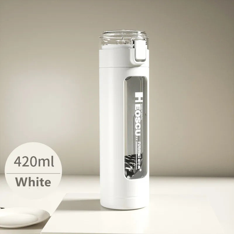 Double Portable Glass Water Bottle with Plastic Enclosure, Kawaii Cup, Tumbler with Straw, Gifts for Girls, Milk, Coffee, Juice