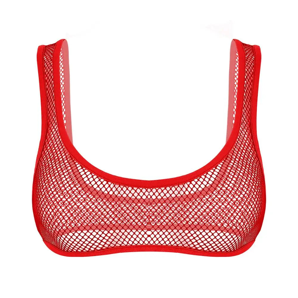 Women Fishnet Cropped Tank Top Lingerie See Through Fishnet Hollow Out Wide Shoulder Straps Deep U-neckline Vest Crop Bra Top