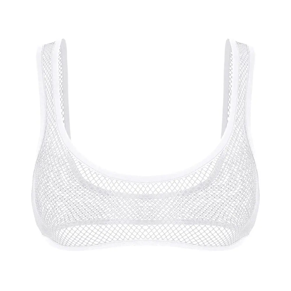 Women Fishnet Cropped Tank Top Lingerie See Through Fishnet Hollow Out Wide Shoulder Straps Deep U-neckline Vest Crop Bra Top