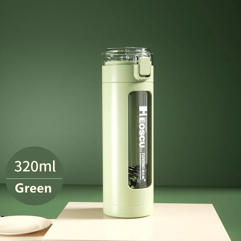 Double Portable Glass Water Bottle with Plastic Enclosure, Kawaii Cup, Tumbler with Straw, Gifts for Girls, Milk, Coffee, Juice