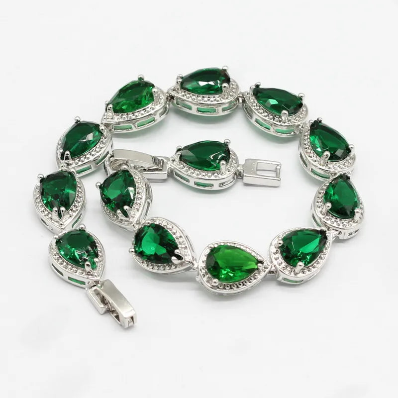 Water Drop Jewelry Sets For Women Green Zirconia Bracelet Earrings Necklace Pendant Rings Gift Box