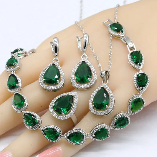 Water Drop Jewelry Sets For Women Green Zirconia Bracelet Earrings Necklace Pendant Rings Gift Box