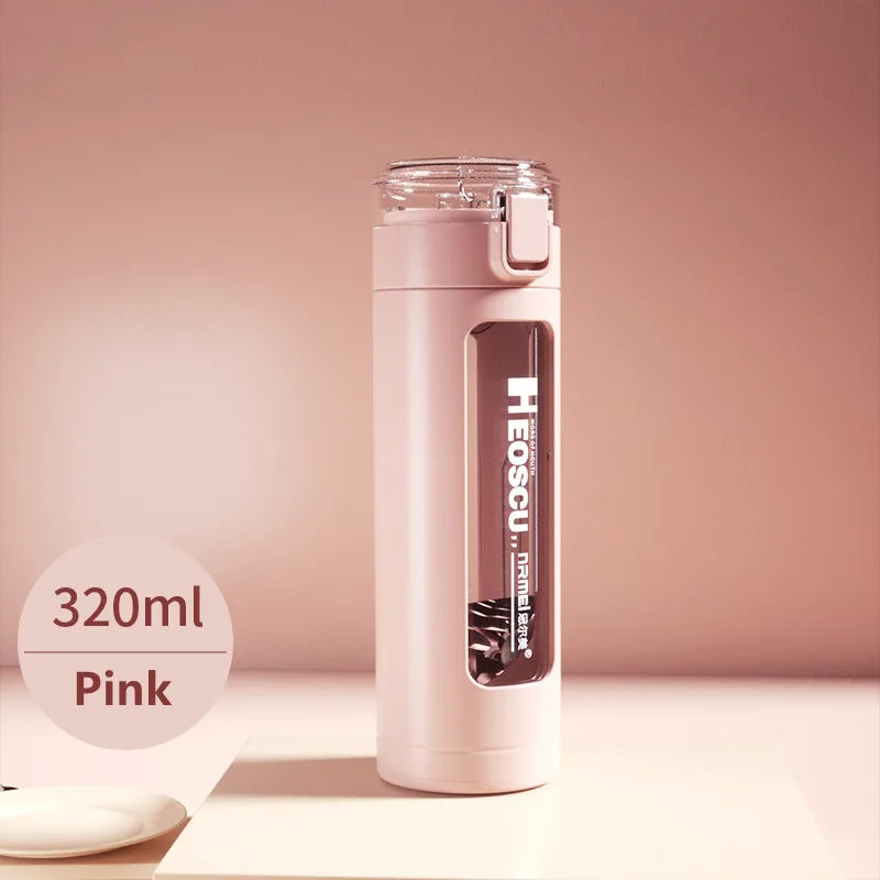 Double Portable Glass Water Bottle with Plastic Enclosure, Kawaii Cup, Tumbler with Straw, Gifts for Girls, Milk, Coffee, Juice