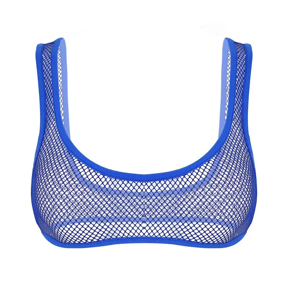 Women Fishnet Cropped Tank Top Lingerie See Through Fishnet Hollow Out Wide Shoulder Straps Deep U-neckline Vest Crop Bra Top