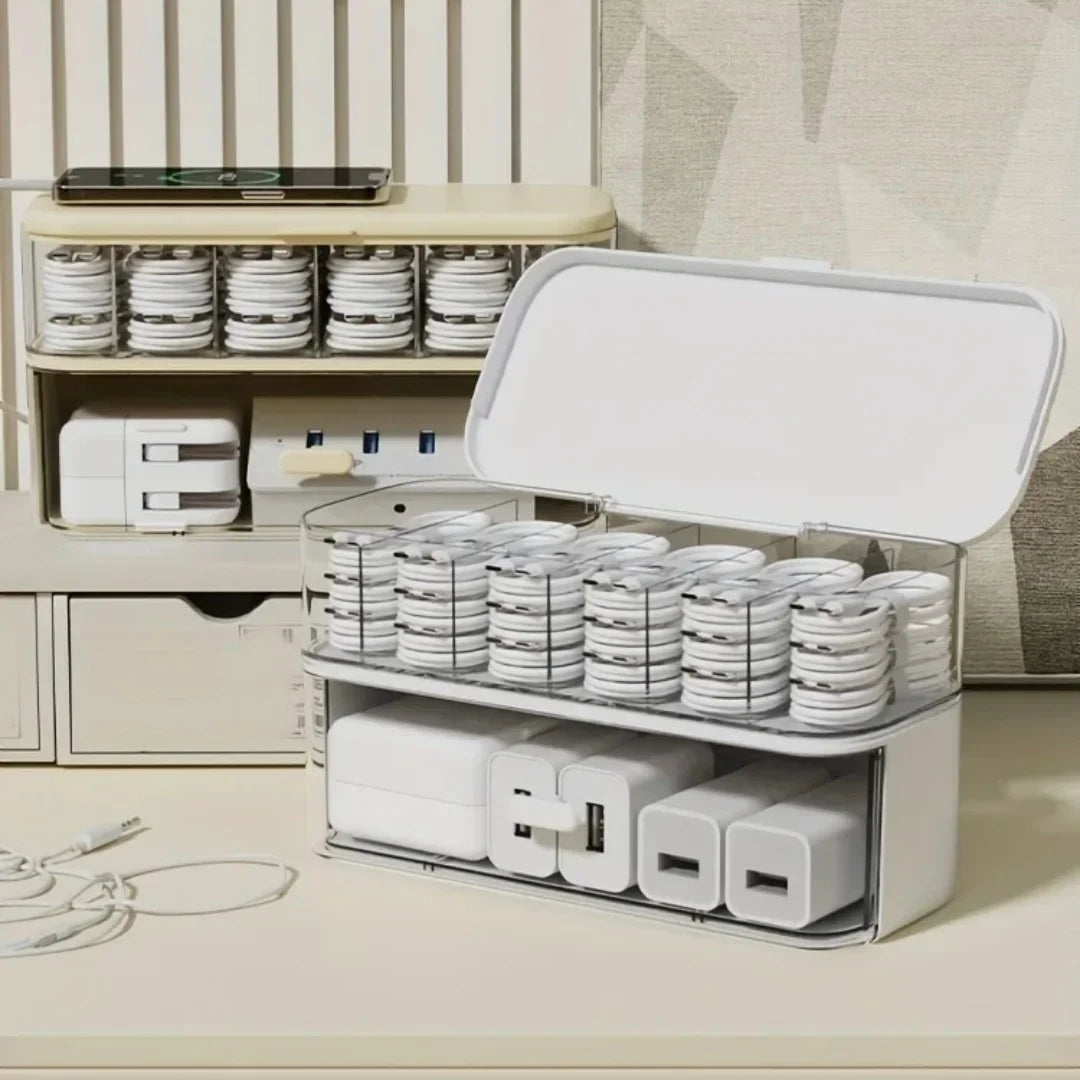 Cable Organizer Storage Box with 14 Wire Ties,Desktop Cable Management Box with Lid,Power Cord Organizer for Office,Home