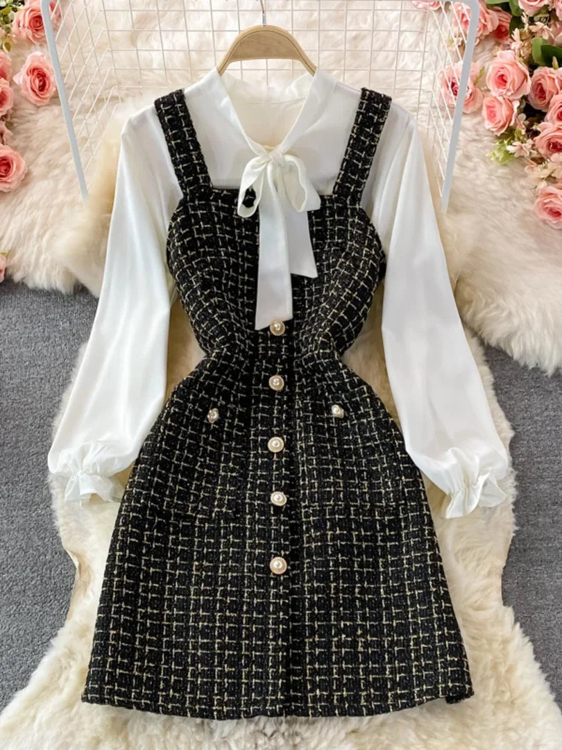 Women Two Piece Set 2025 Korean Fashion Bowtied Collar White Blouse and Spaghetti Strap Single Breasted Mini Tweed Dress Suits