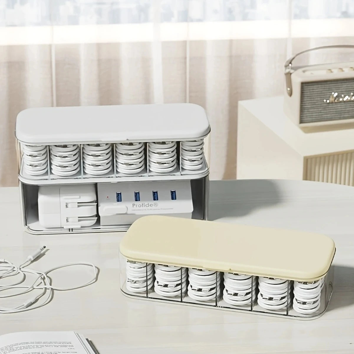 Cable Organizer Storage Box with 14 Wire Ties,Desktop Cable Management Box with Lid,Power Cord Organizer for Office,Home