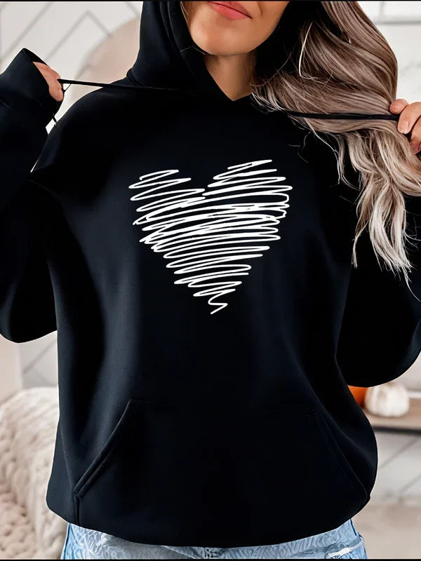Women's Black Hoodie with White Heart Print Casual Sweatshirt for Daily Wear and Fashion Style