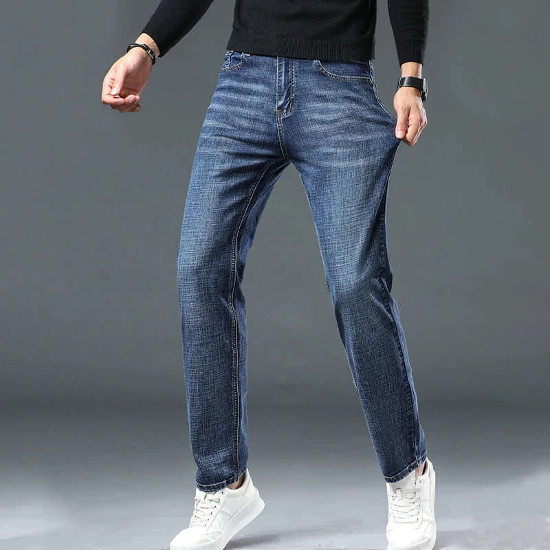 Jeans Pants Man Casual Long Straight Denim Pants Four Seasons Classic Originals Jeans Korean Solid Blue Grey Black Trousers
