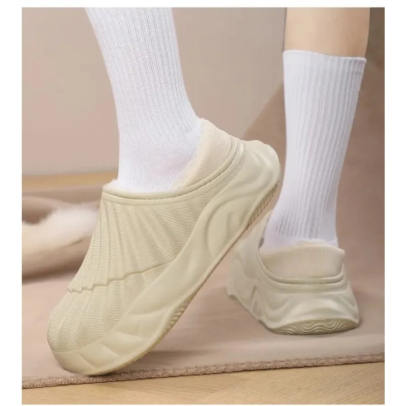 2026 Winter Women Cotton Slippers Warm Non-Slip Thick Bottom Slides Soft Waterproof Home Shoes Plush Men Couple Outdoor Slipper