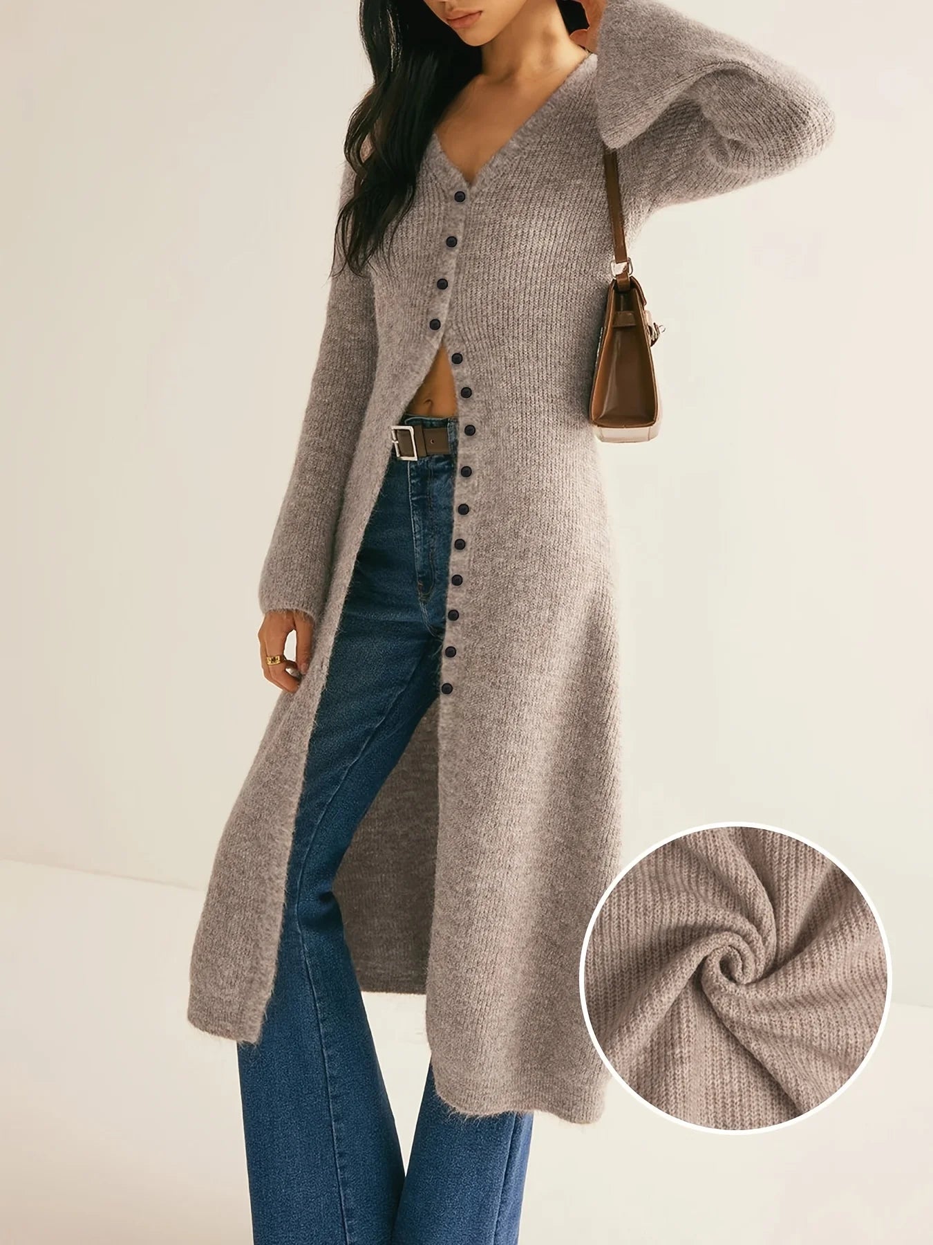 Women's Dress: High-end French V-neck Slimming Knitted Cardigan, Mid-length Solid-color Knitted Long Dress for Women Windbreaker