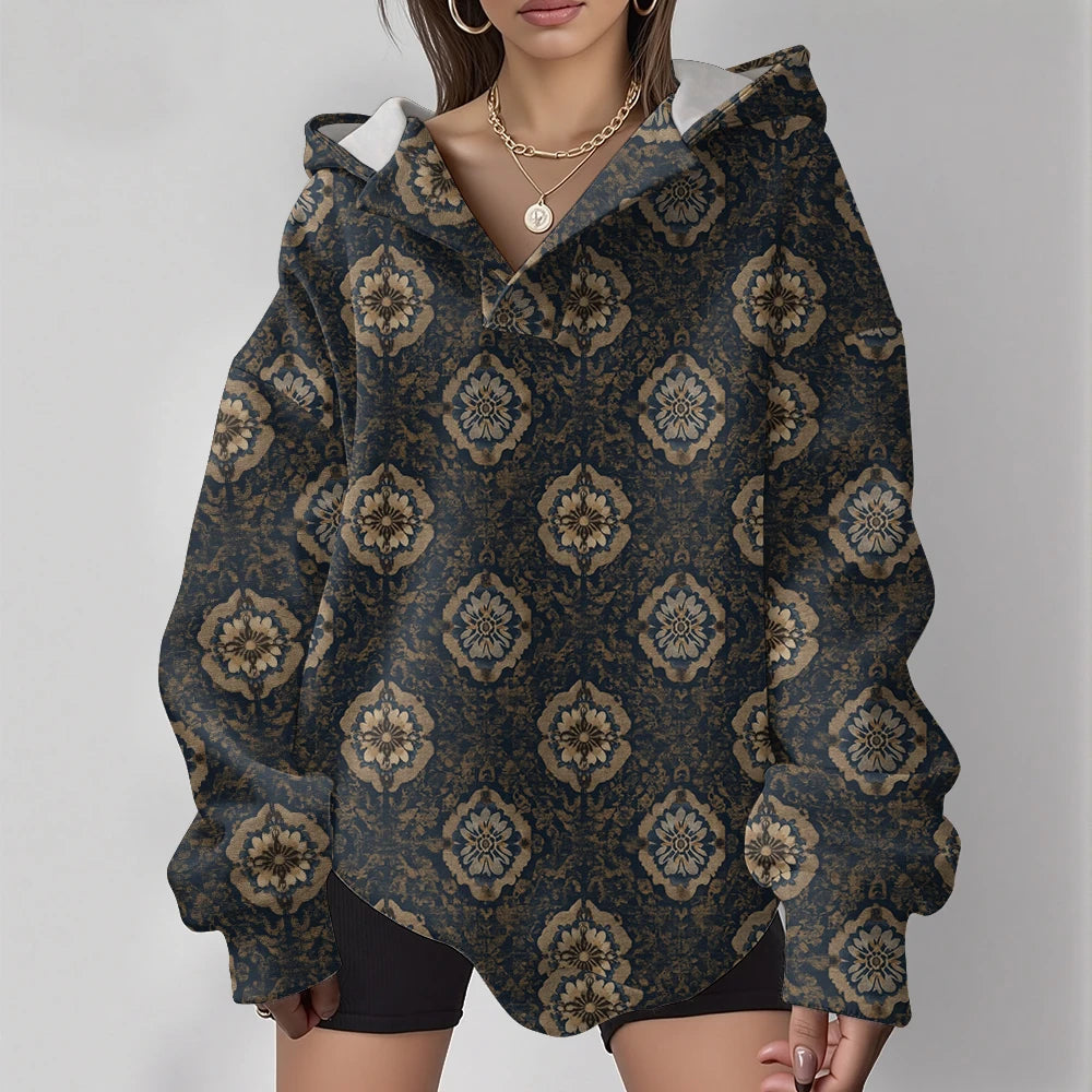 Women's Fashion Y2k Oversized Hoodies Couple Punk Streetwear Casual Loose Sweatshirt Unisex Elegent Totem Print Winter Clothes