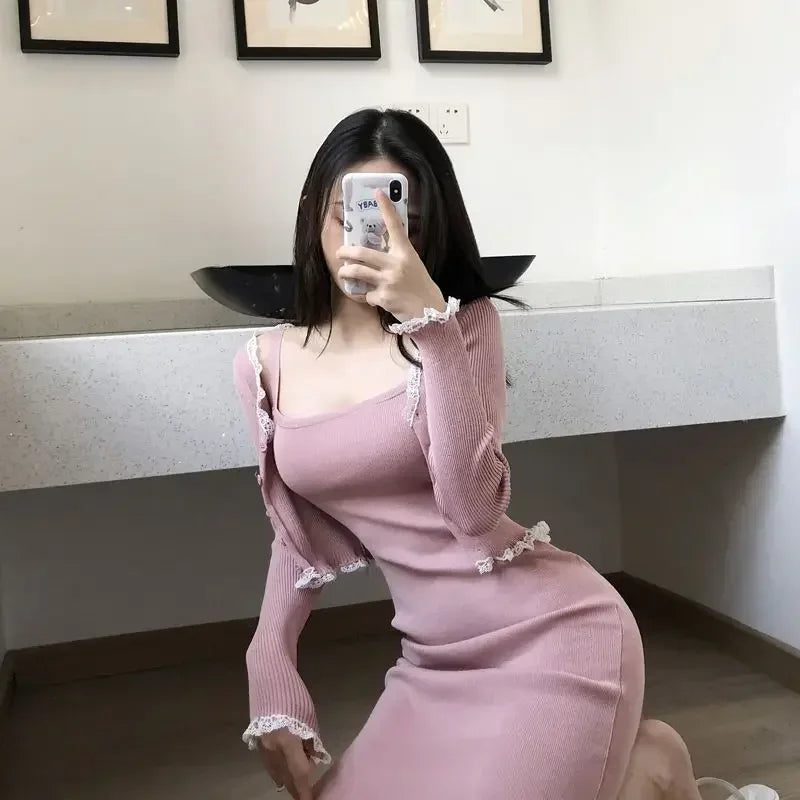 Midi Women's Two Piece Set Long Sleeve Crochet Skirt Sexy Female Outfits Knit Party Summer Fashion 2025 Jacket Co Ord Vacation