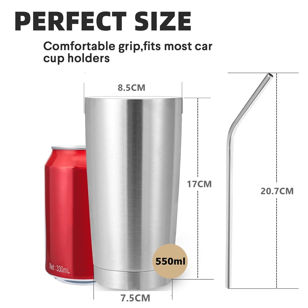 1Pc Travel Tumbler with Lid Straws 550ML Stainless Steel Insulated Tumbler Cup Double Wall Coffee Mug for Hot Cold Drinks Silver