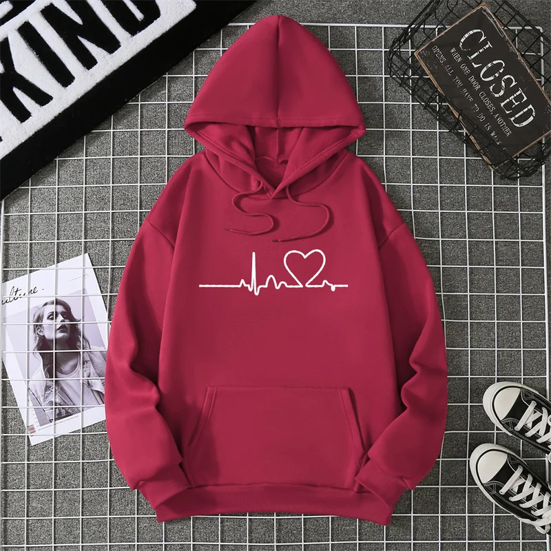 Women Hoodies Autumn Winter Heartbeat Print Men Simple Casual Hoodie Couple Sweatshirts Ladies Hooded Tops Streetwear Clothes