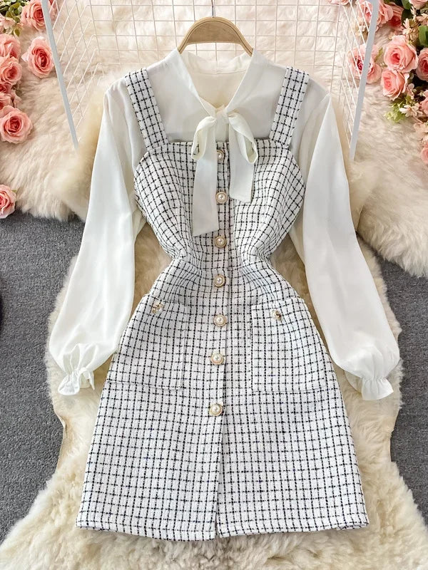 Women Two Piece Set 2025 Korean Fashion Bowtied Collar White Blouse and Spaghetti Strap Single Breasted Mini Tweed Dress Suits
