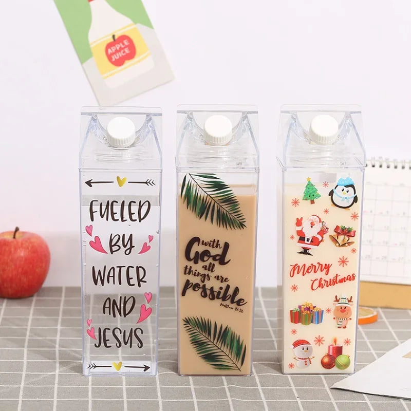 500/1000ml Milk Carton Water Bottle Creative Milk Bottle Drinking Cup Plastic Portable Clear Box Milk Storage Juice Tea Bottle