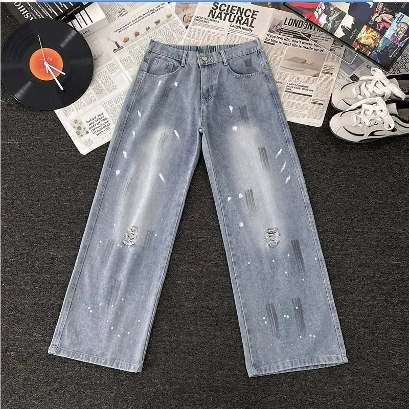 Jeans Men's Trendy Brand Washed Straight Pants High Street Graffiti Casual Ripped Pants S-3XL Size Men's Clothing