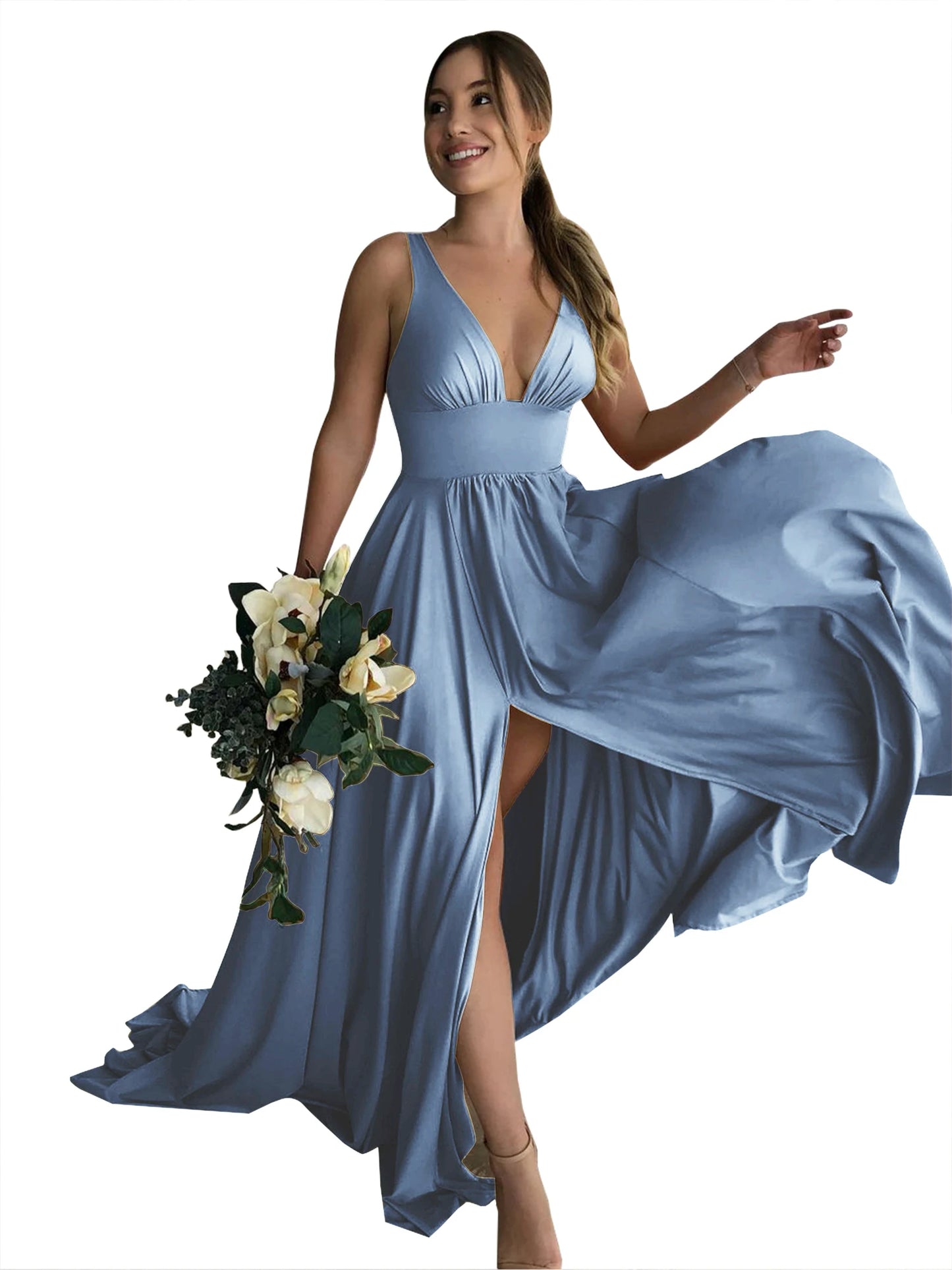 Women Evening Dresses Bridesmaid Dresses Sexy Deep V-Neck Backless Sleeveless Side Slit Floor Length Wedding Guest Dress Cocktai