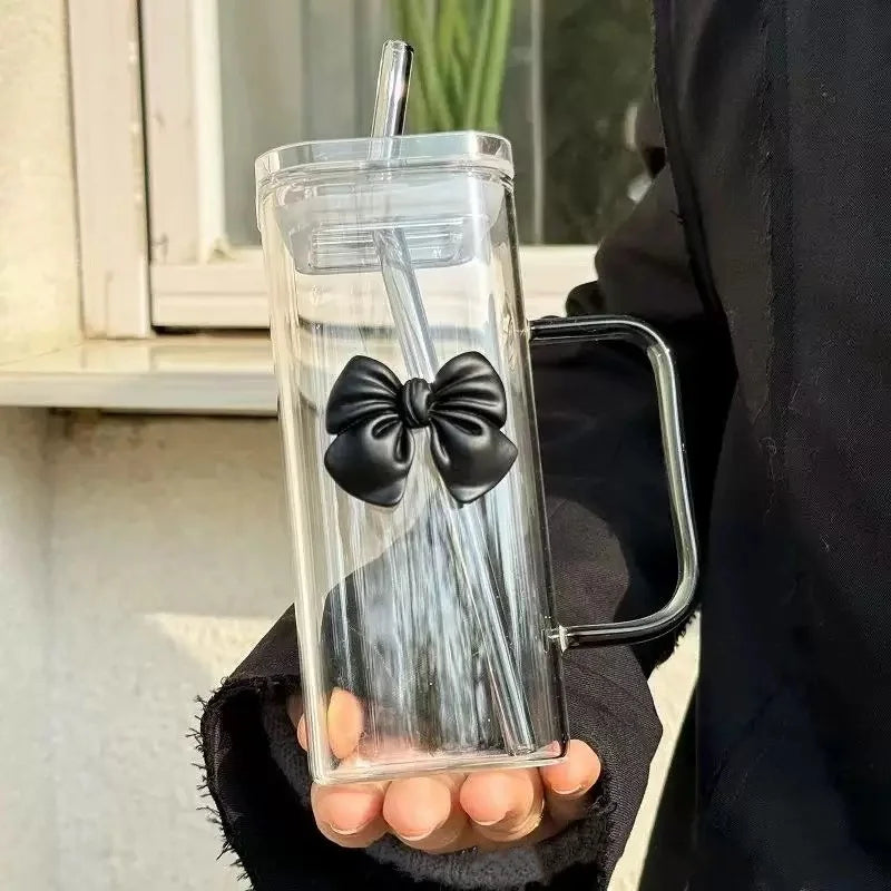 400mL Elegant Butterfly-Decorated Glass Tumbler with Straw & Handle - Reusable Freezer-Safe Water Cup for Coffee Juice Milk