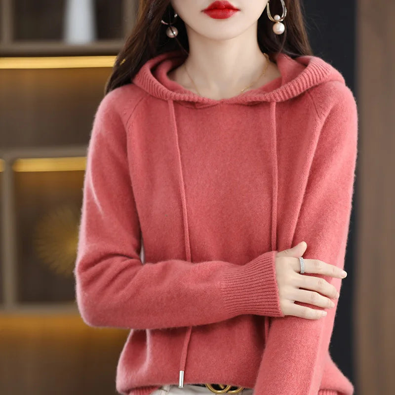 Hooded Sweater Fashion Women Autumn Winter Long Sleeve Solid Color Knitted Hoodies Lady Loose Drawstring Casual Pullover Hoodie
