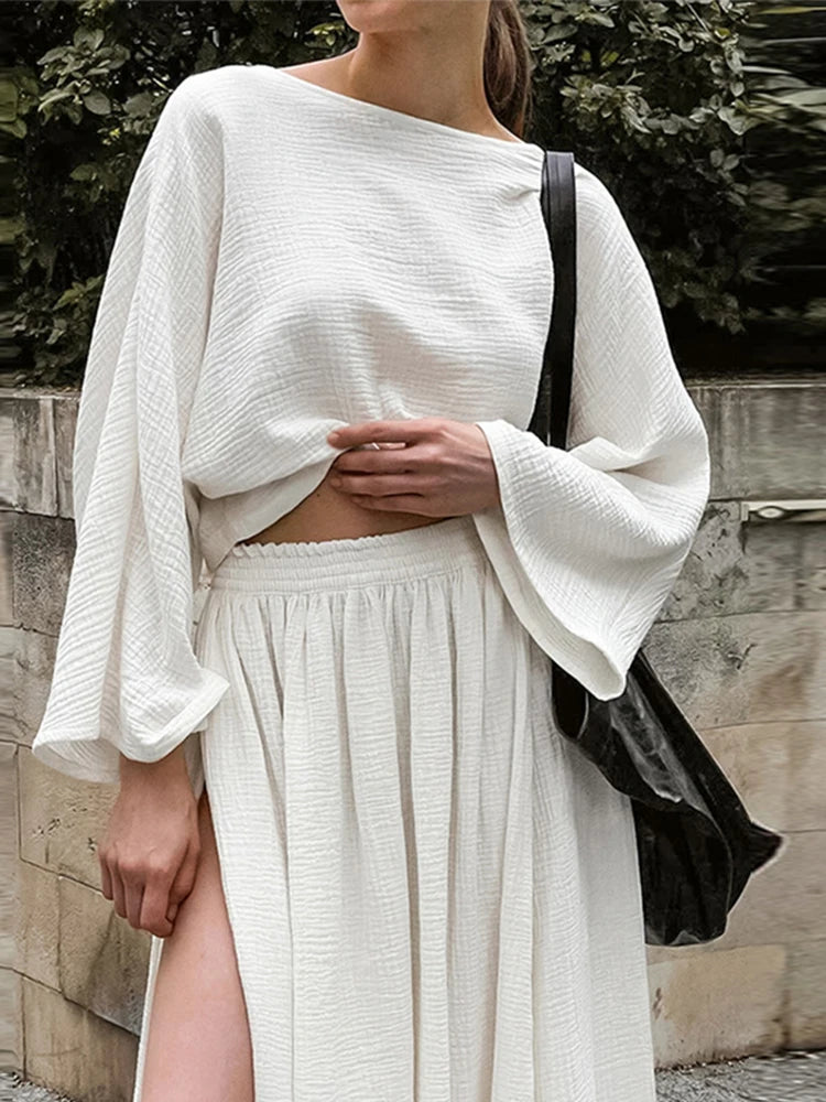 Casual Cotton Sets For Women 2Pcs Loose Solid Tops Elegant Women's Sets High Split Simple Fashion Skirt Set Commuting Outfit