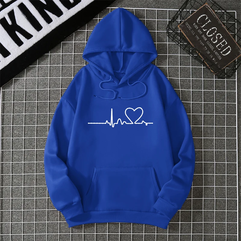 Women Hoodies Autumn Winter Heartbeat Print Men Simple Casual Hoodie Couple Sweatshirts Ladies Hooded Tops Streetwear Clothes