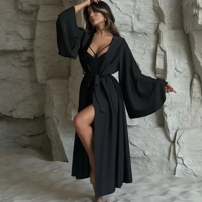 Women's Dress New Spring Summer Satin Loose Robe Sexy High Waisted Split Party Dresses Casual Multi-Color Lace Up Dress Vestidos