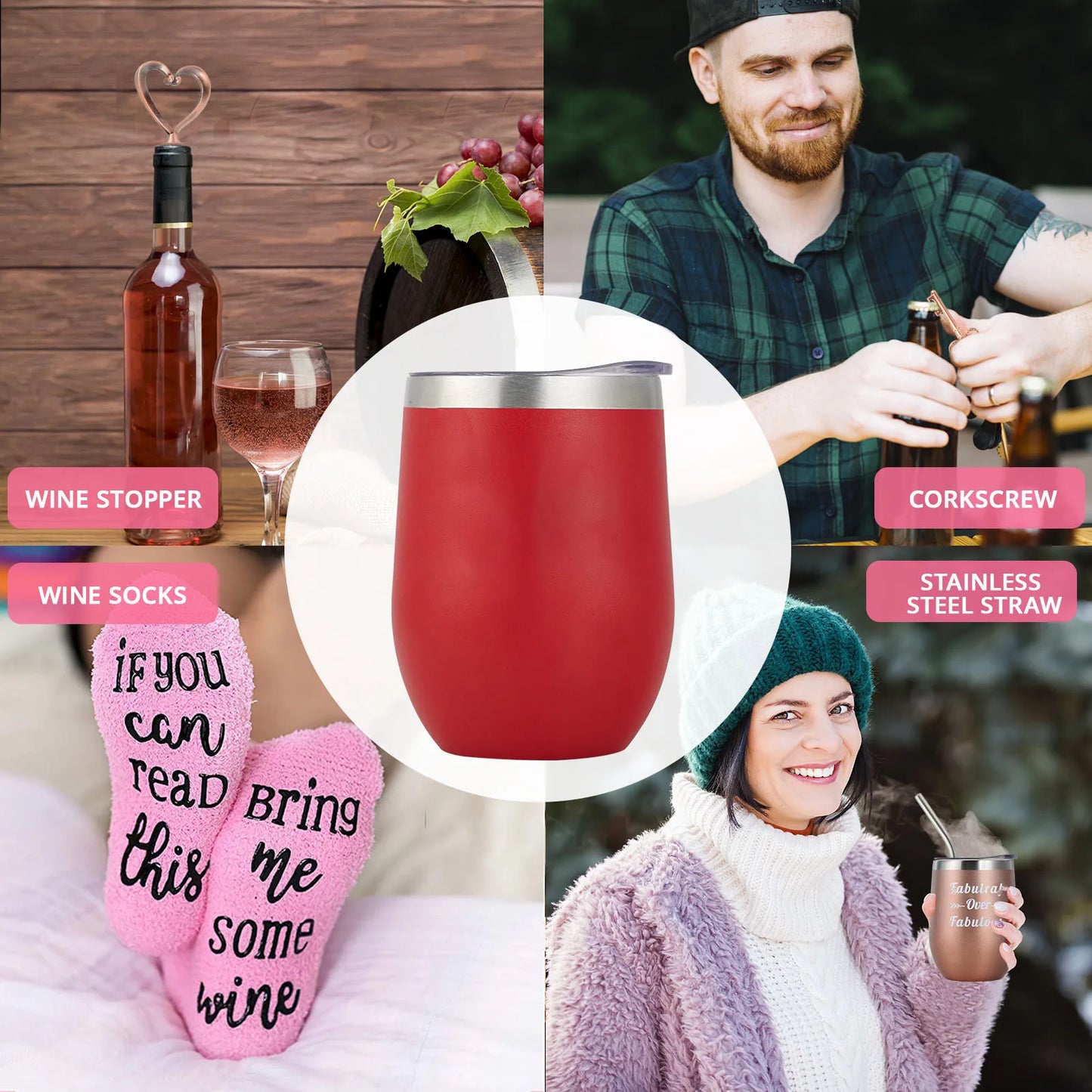 Stainless Steel Wine Tumblers, 12Oz Insulated Wine Tumbler, Stainless Steel Stemless Wine Cups with Lids for Coffee, Wine