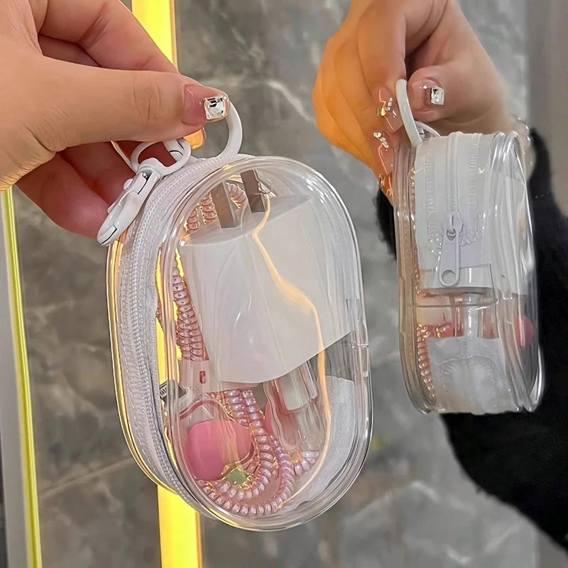 Portable Mini Transparent Storage Bag with Zipper, Multifunctional Headphone and Charger Case, Travel Accessories with Keychain