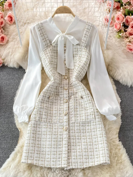Women Two Piece Set 2025 Korean Fashion Bowtied Collar White Blouse and Spaghetti Strap Single Breasted Mini Tweed Dress Suits