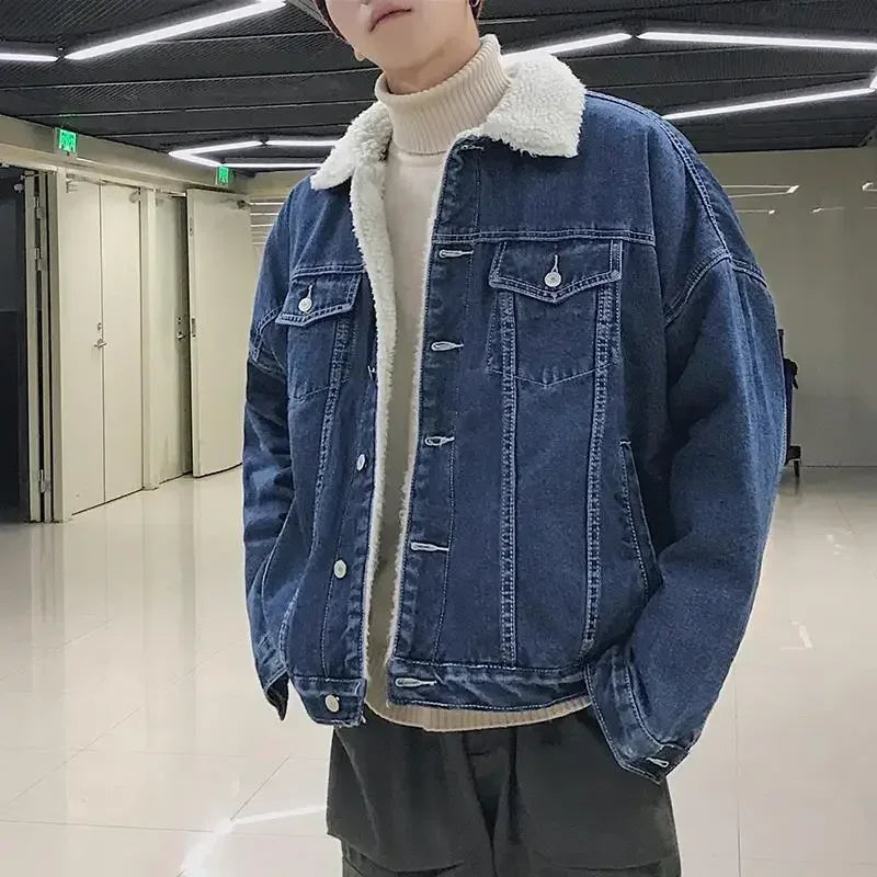 Denim Jackets Man Padding Jeans Coat for Men Slim Fit Warm with Sheep Padded Wool Black Cowboy High Quality Trendy Original G