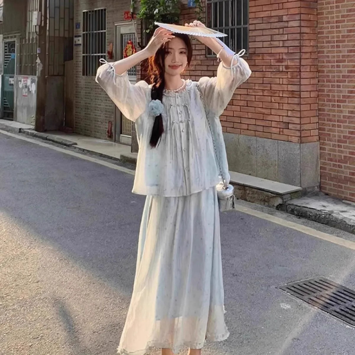 Women's 2 Piece Set Sheer Blouse and Long Skirt Fairycore Chiffon Co-ords