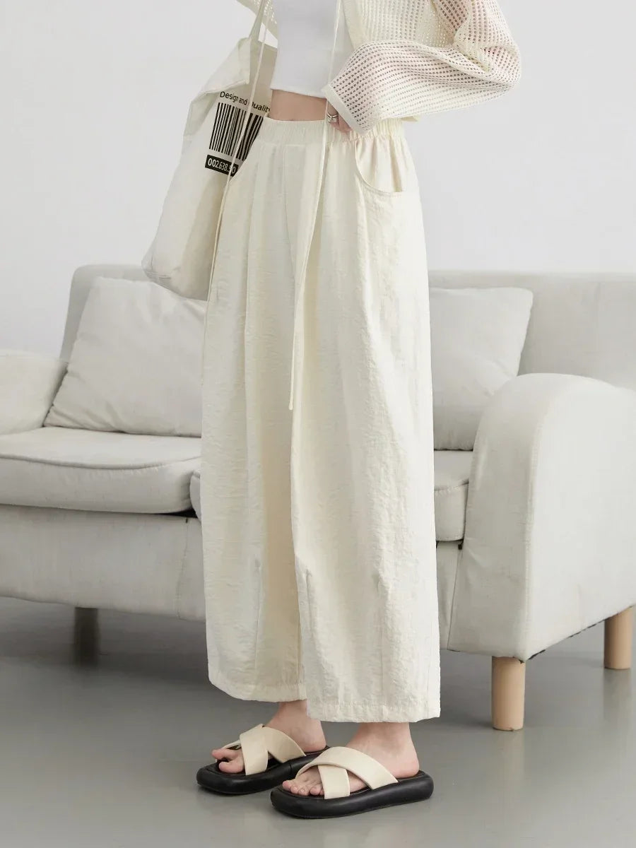 CHIC VEN Women White Pants Solid Casual Elastic Waist High Waisted Pleated Wide Leg Female Trousers  Fold Summer 2025 Clothing